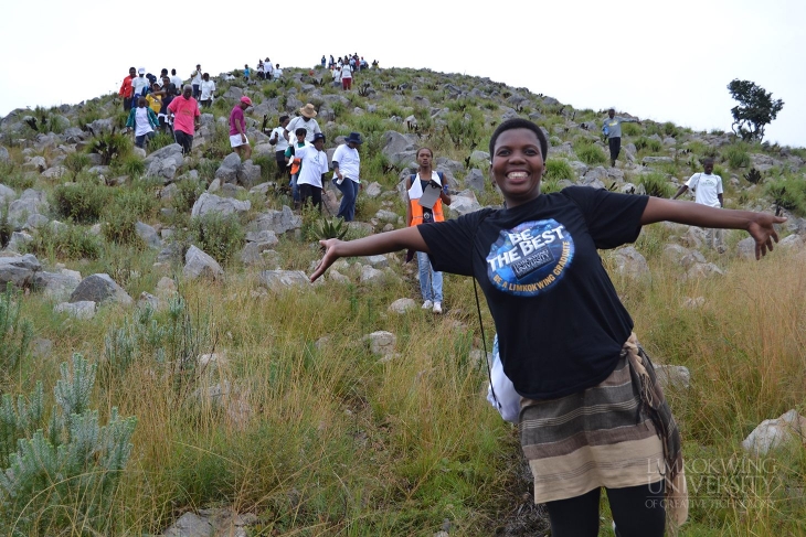 "We have wings to fly"... Limkokwing's Gugu Dlamini flying past other hikers during the Mahamba gorge hiking